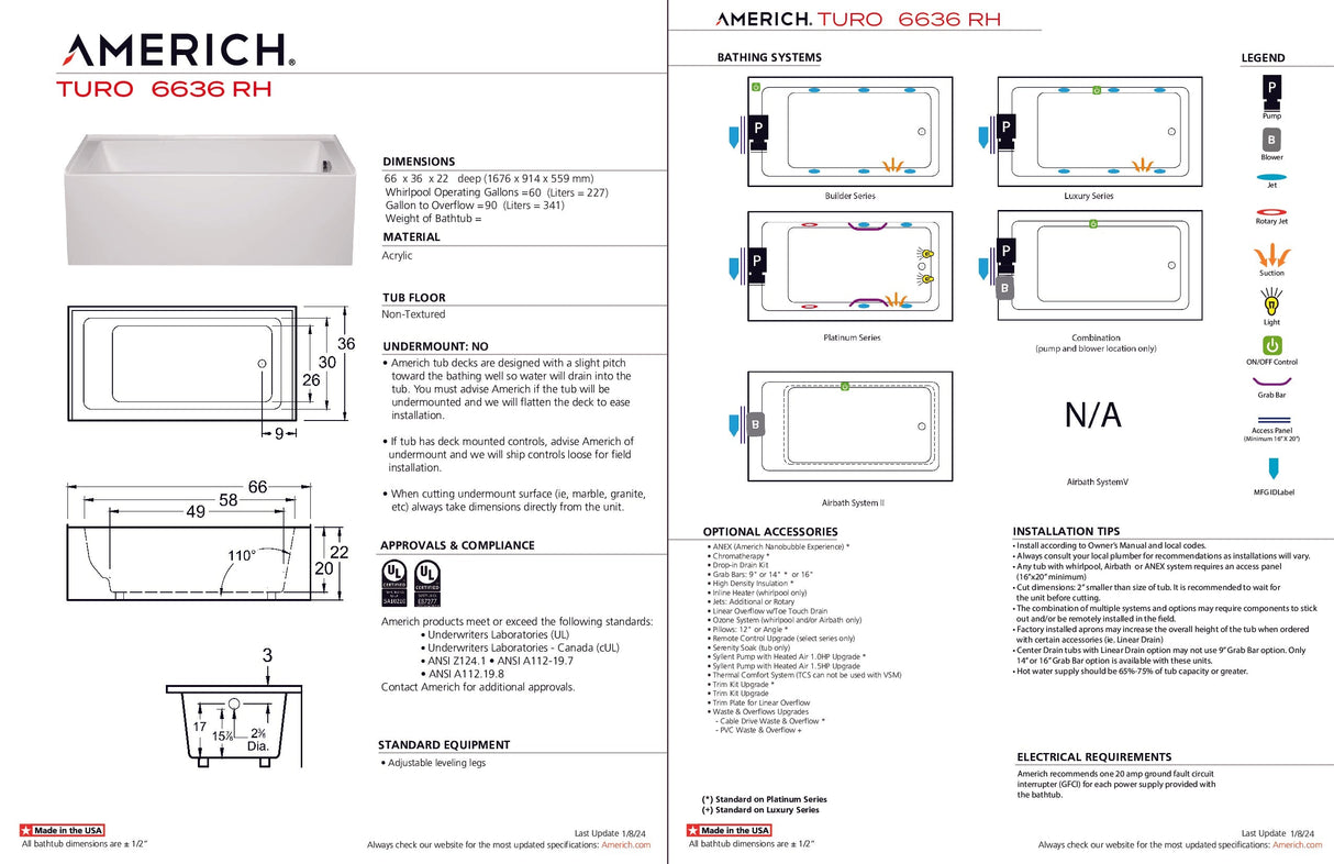 Americh TO6636TRA5-WH Turo 6636 Right Hand - Tub Only / Airbath 5 - White