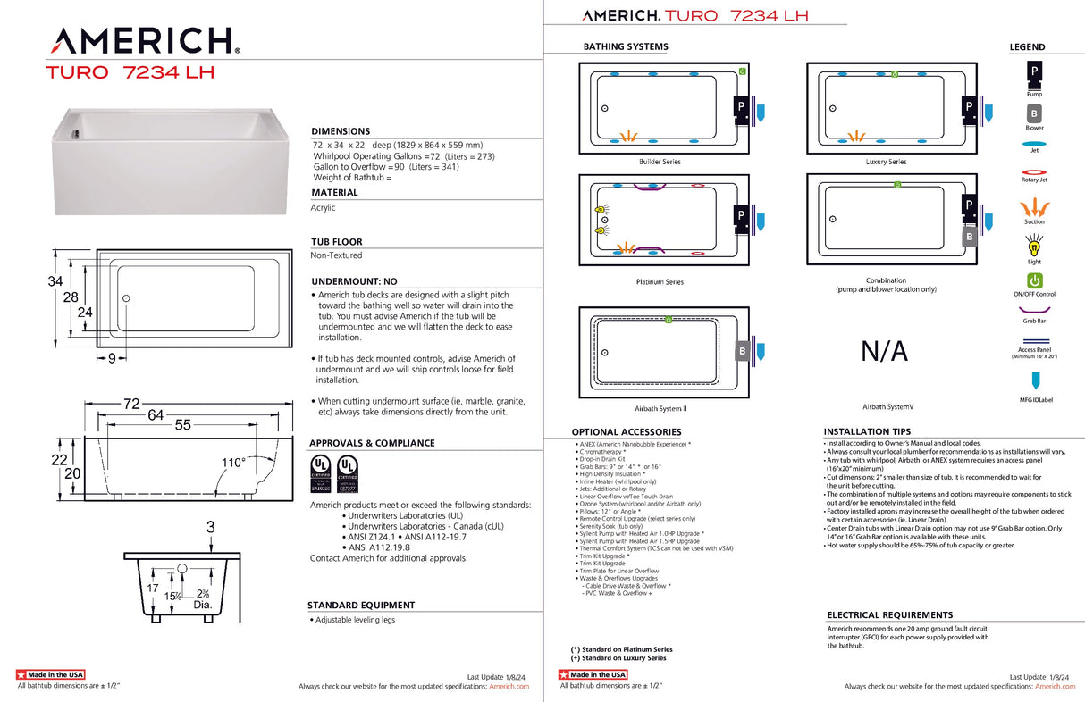 Americh TO7234TLA5-WH Turo 7234 Left Hand - Tub Only / Airbath 5 - White