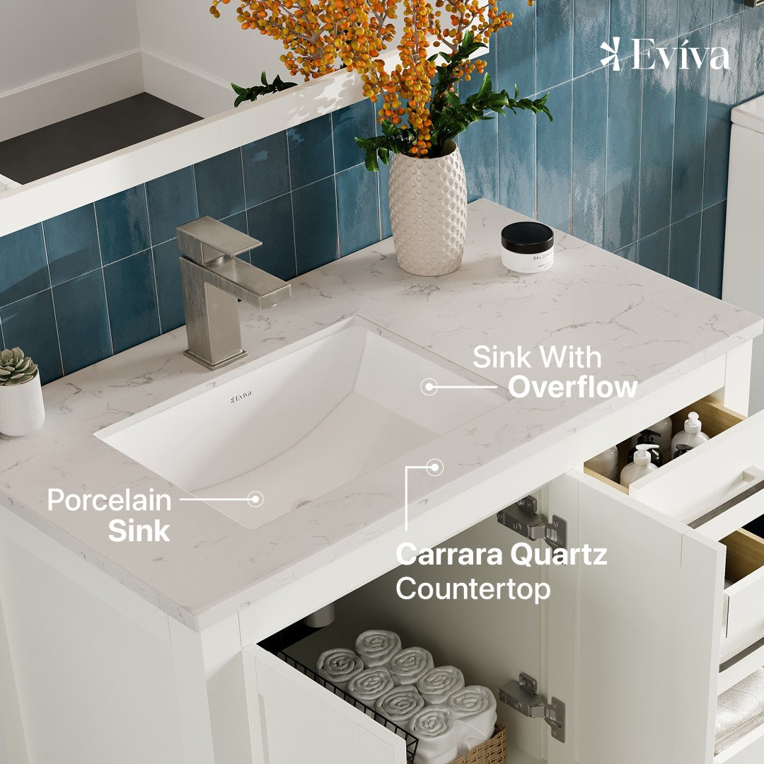 London 38 in. White Single Sink Bath Vanity with Carrara Quartz Top and Undermount Porcelain Sink