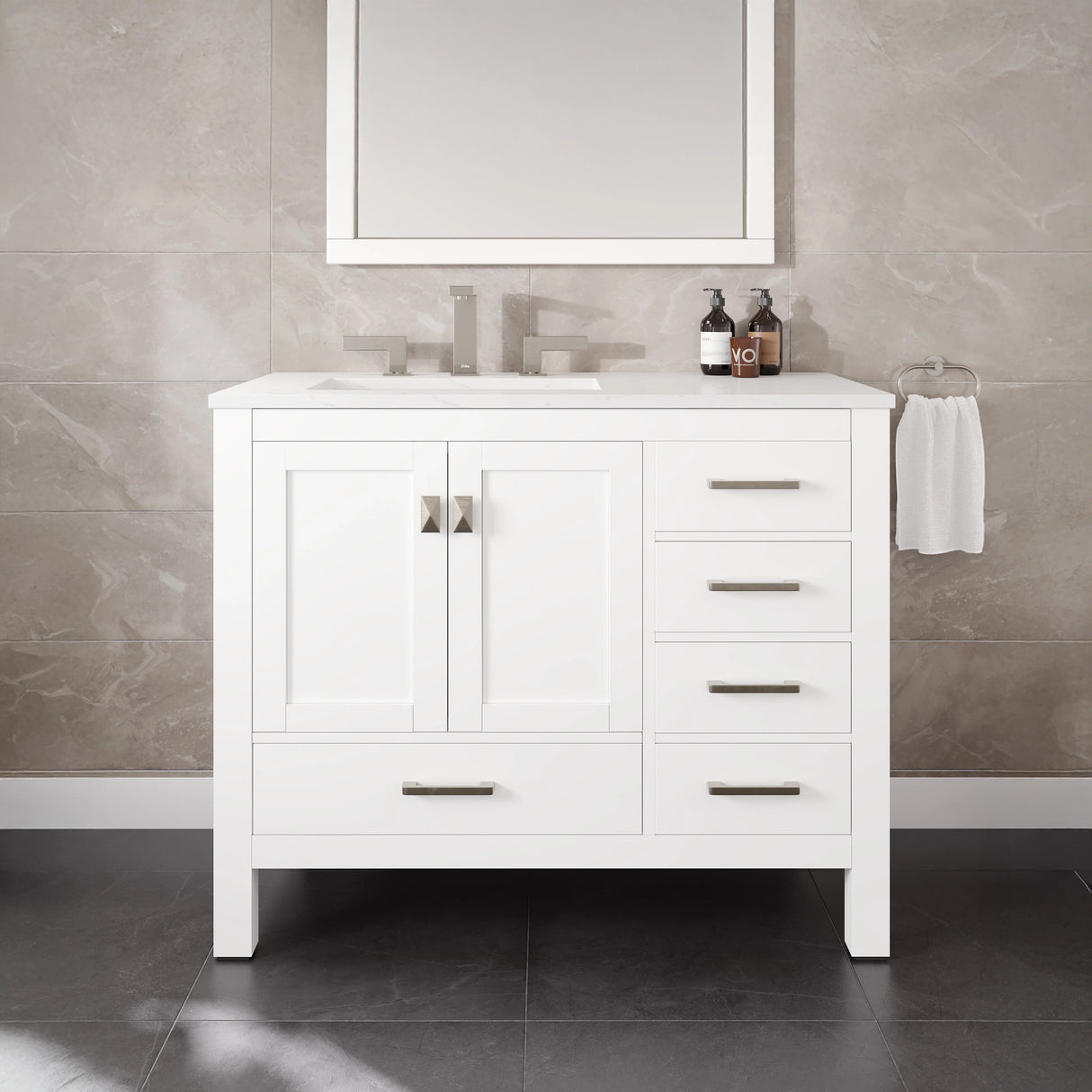 London 42 in. White Single Sink Bath Vanity with Carrara Quartz Top and Undermount Porcelain Sink