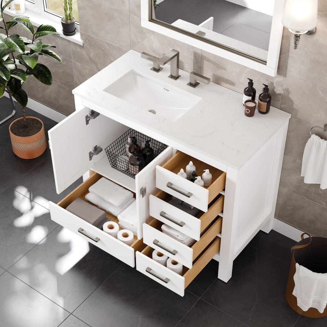 London 42 in. White Single Sink Bath Vanity with Carrara Quartz Top and Undermount Porcelain Sink