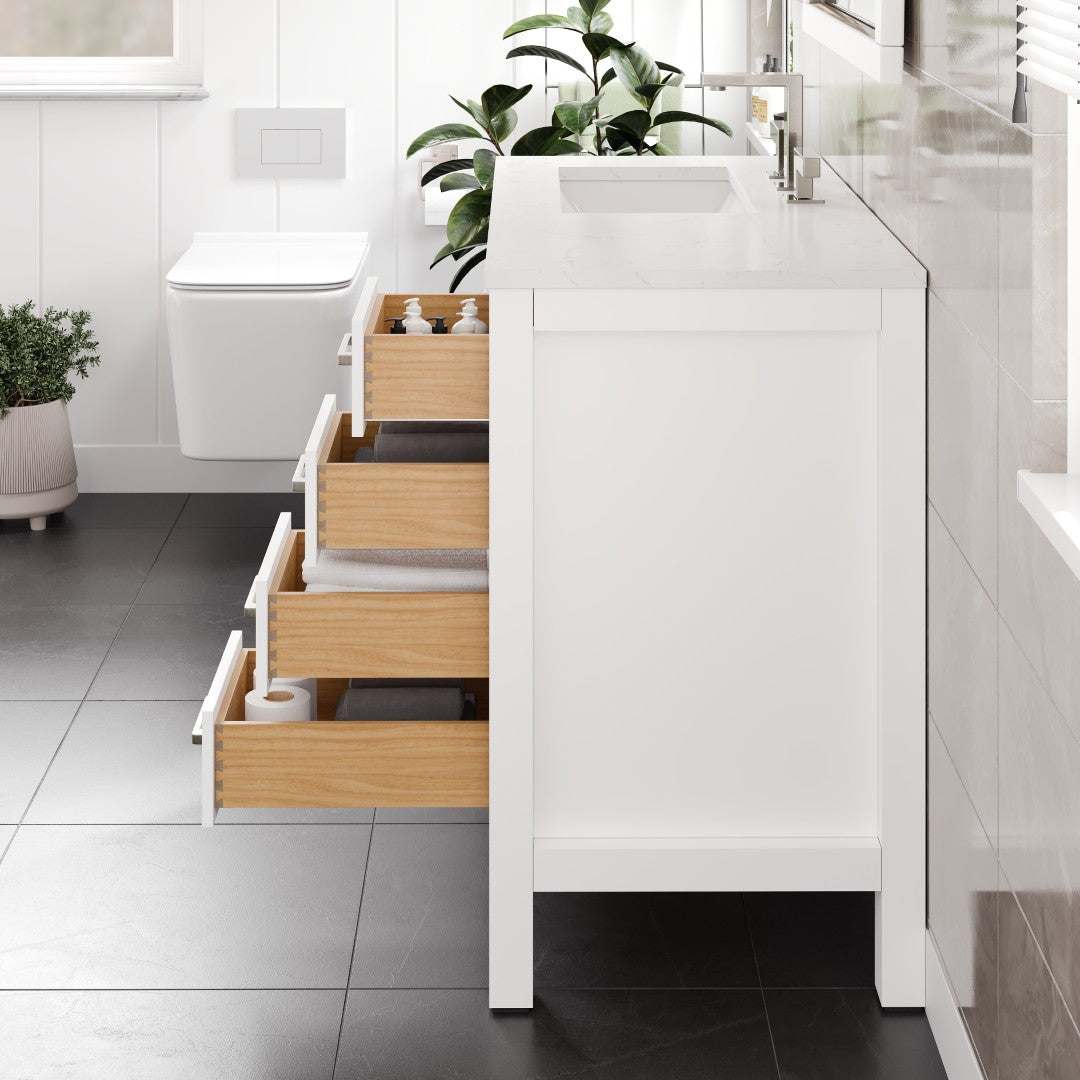London 42 in. White Single Sink Bath Vanity with Carrara Quartz Top and Undermount Porcelain Sink