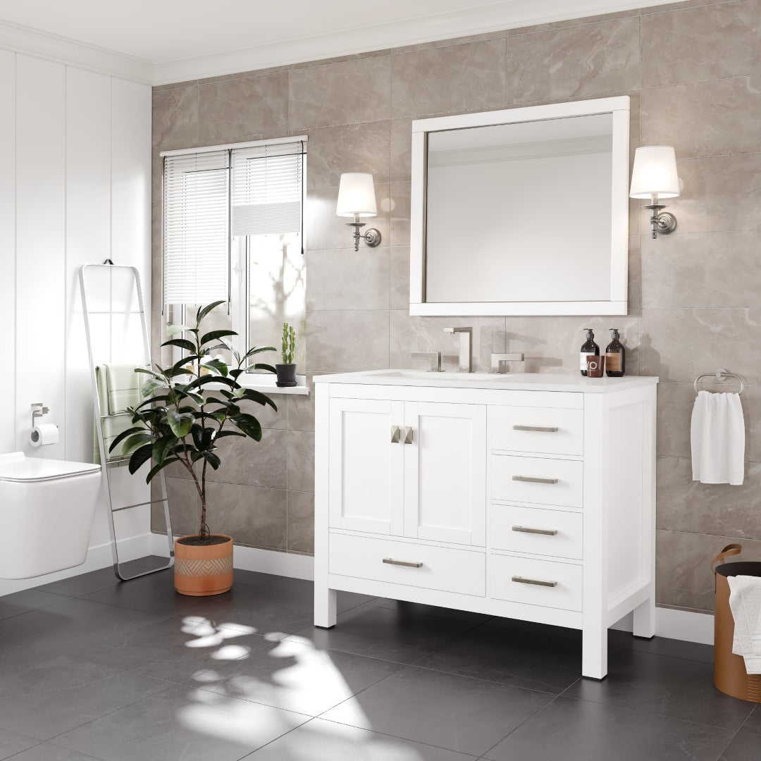 London 42 in. White Single Sink Bath Vanity with Carrara Quartz Top and Undermount Porcelain Sink
