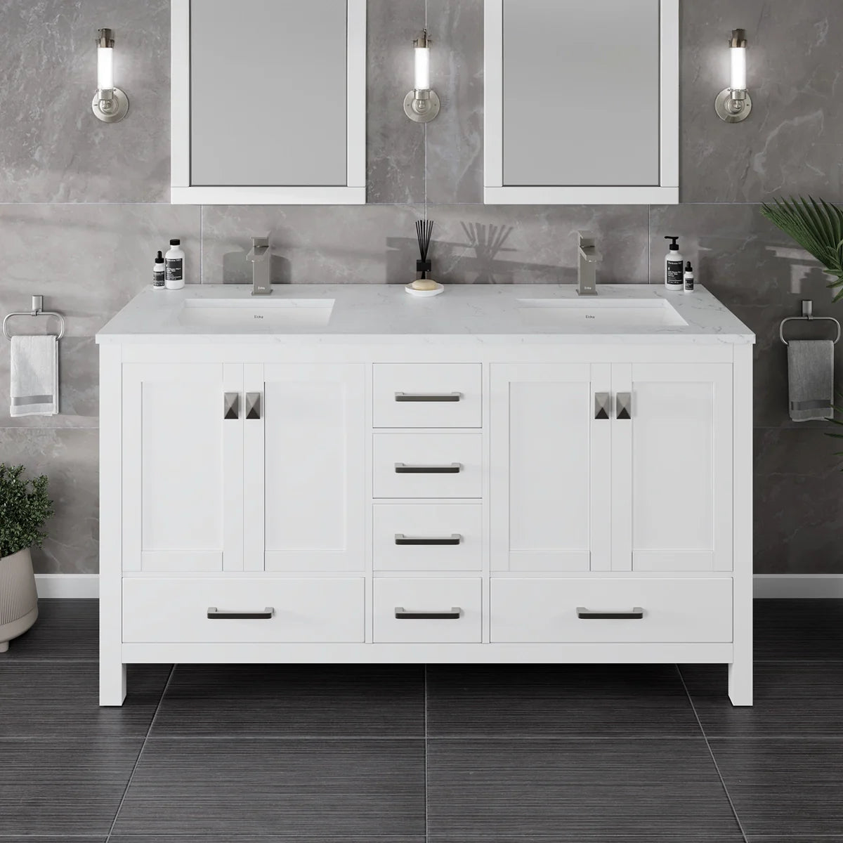 London 60 in. White Double Sink  Bath Vanity with Carrara Quartz Top and Undermount Porcelain Sinks