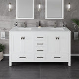 London 60 in. White Double Sink  Bath Vanity with Carrara Quartz Top and Undermount Porcelain Sinks