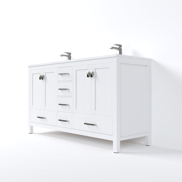 London 60 in. White Double Sink  Bath Vanity with Carrara Quartz Top and Undermount Porcelain Sinks