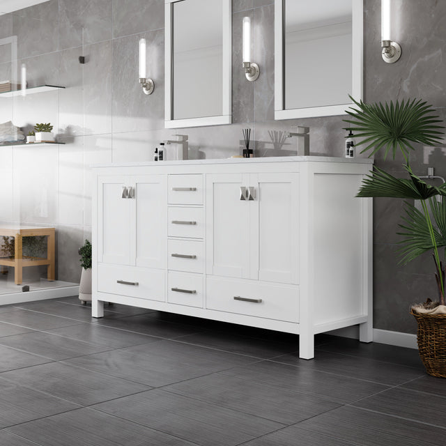 London 60 in. White Double Sink  Bath Vanity with Carrara Quartz Top and Undermount Porcelain Sinks