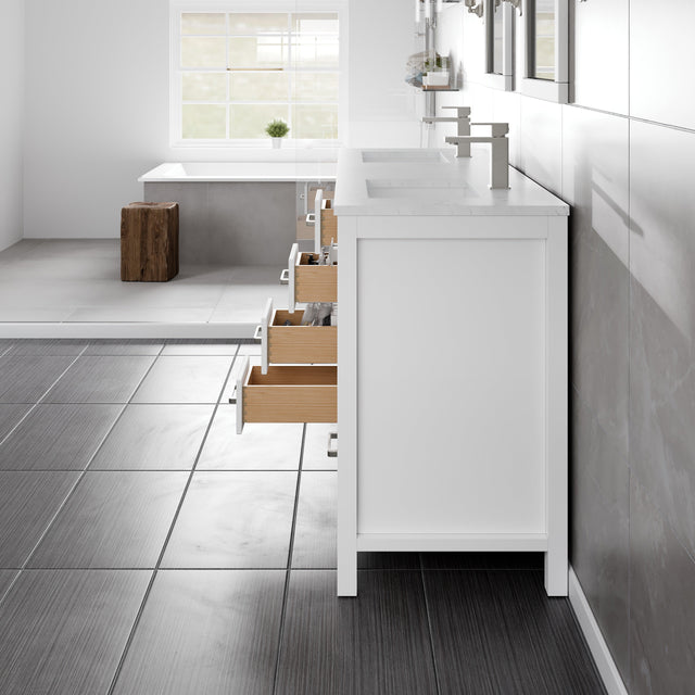 London 60 in. White Double Sink  Bath Vanity with Carrara Quartz Top and Undermount Porcelain Sinks