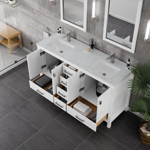 London 60 in. White Double Sink  Bath Vanity with Carrara Quartz Top and Undermount Porcelain Sinks