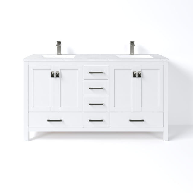 London 60 in. White Double Sink  Bath Vanity with Carrara Quartz Top and Undermount Porcelain Sinks