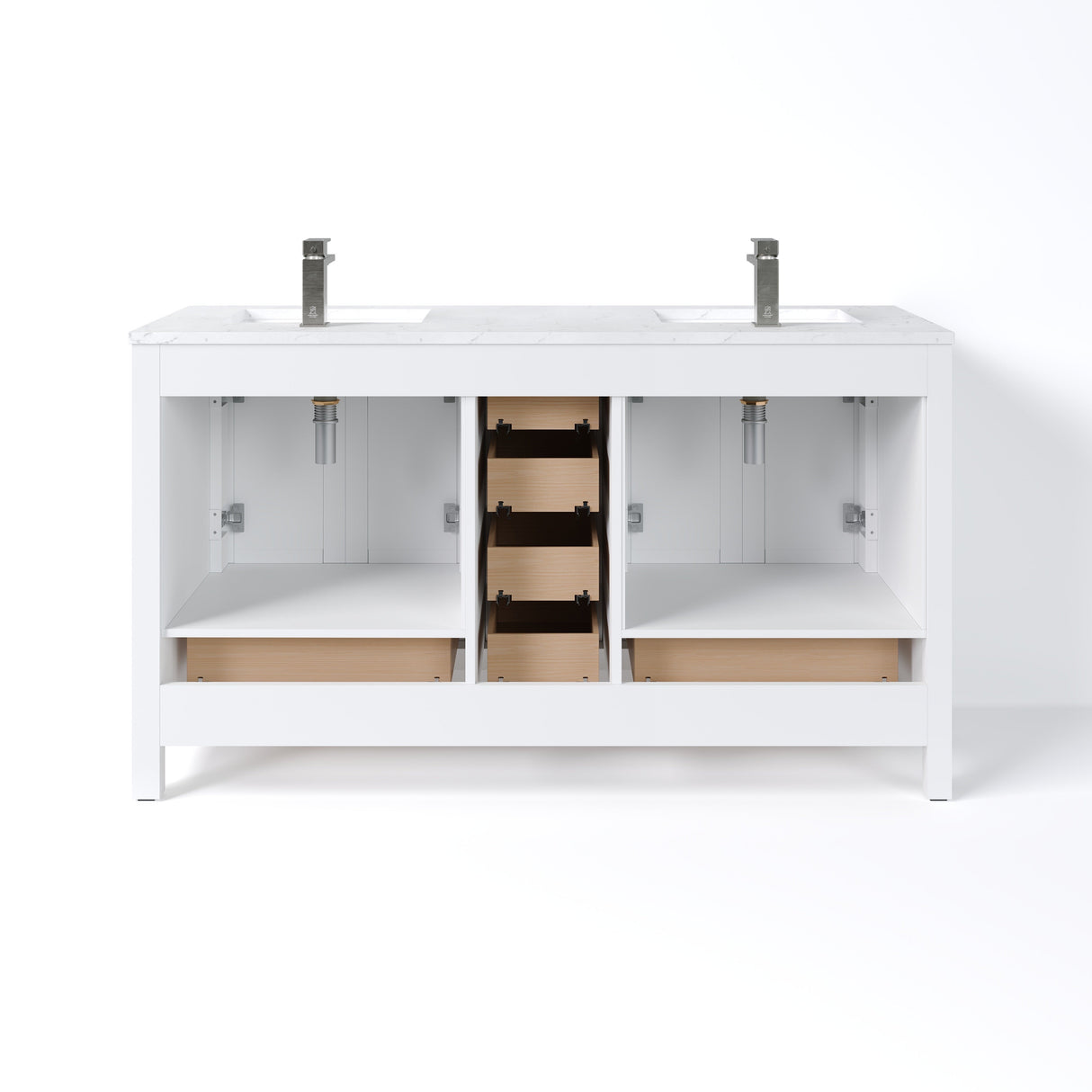 London 60 in. White Double Sink  Bath Vanity with Carrara Quartz Top and Undermount Porcelain Sinks
