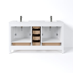 London 60 in. White Double Sink  Bath Vanity with Carrara Quartz Top and Undermount Porcelain Sinks