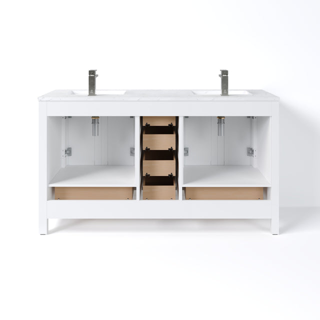 London 60 in. White Double Sink  Bath Vanity with Carrara Quartz Top and Undermount Porcelain Sinks