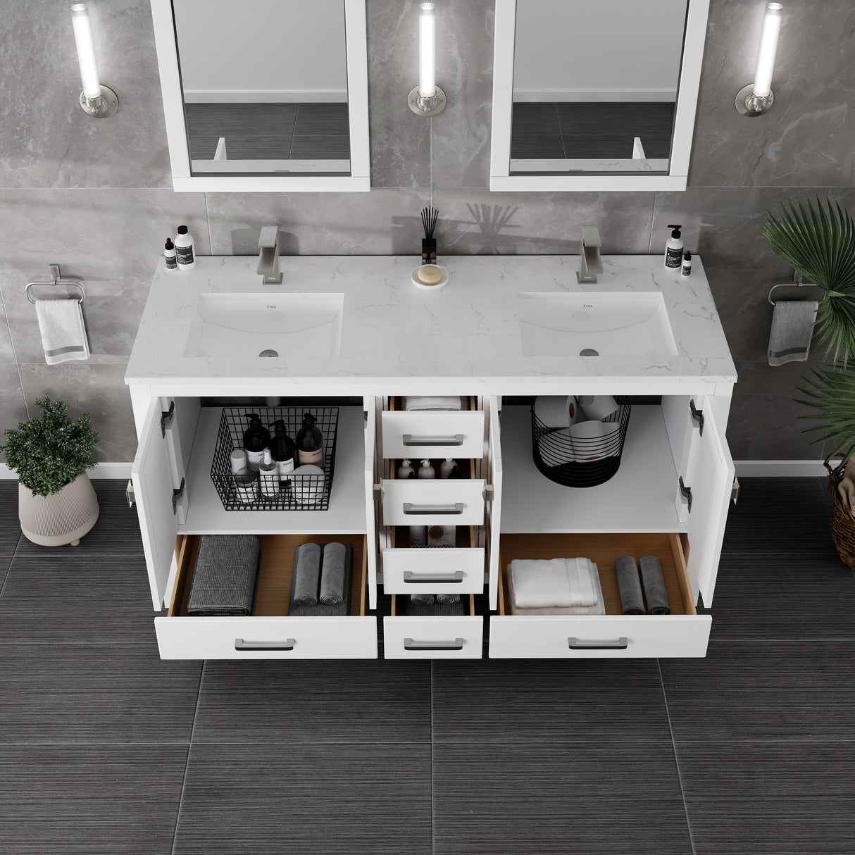 London 60 in. White Double Sink  Bath Vanity with Carrara Quartz Top and Undermount Porcelain Sinks