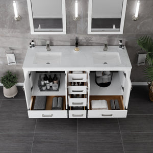 London 60 in. White Double Sink  Bath Vanity with Carrara Quartz Top and Undermount Porcelain Sinks