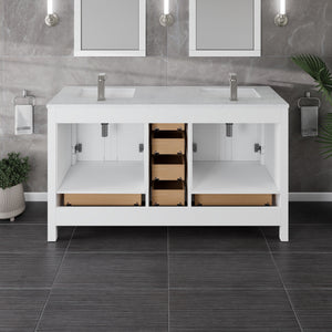 London 60 in. White Double Sink  Bath Vanity with Carrara Quartz Top and Undermount Porcelain Sinks