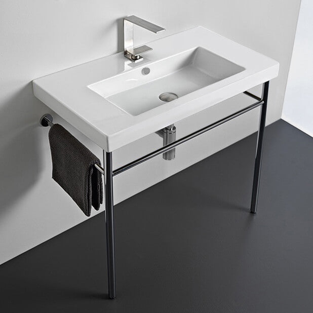 Rectangular Ceramic Console Sink and Polished Chrome Stand, 32"