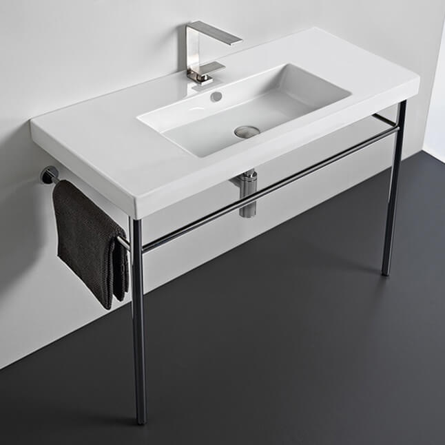 Rectangular Ceramic Console Sink and Polished Chrome Stand, 40"