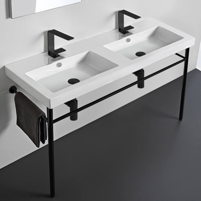 Double Ceramic Console Sink and Matte Black Stand, 48"