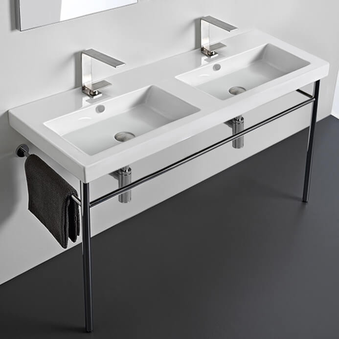 Double Basin Ceramic Console Sink and Polished Chrome Stand, 48"