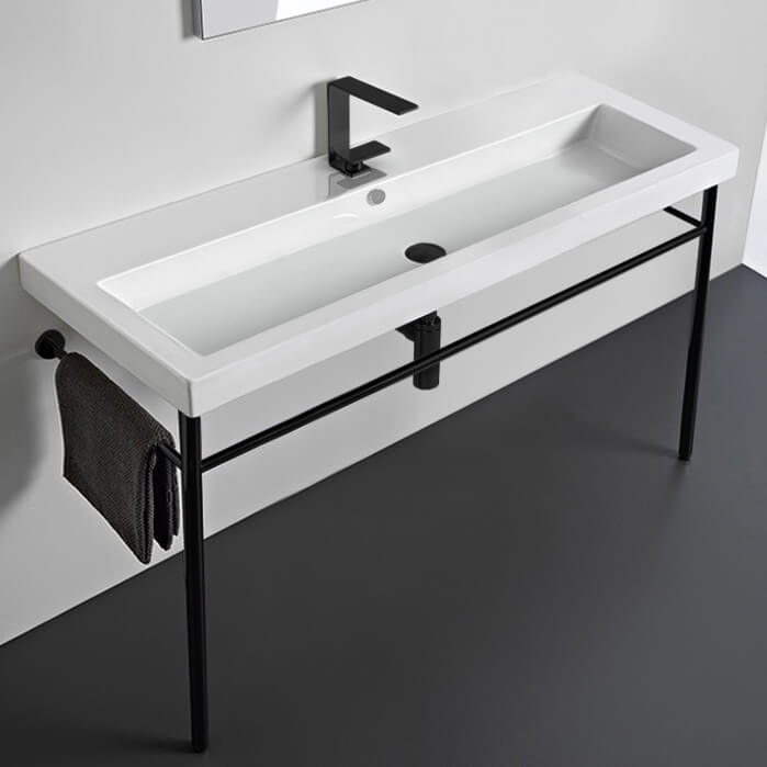 Large Ceramic Console Sink and Matte Black Stand, 48"