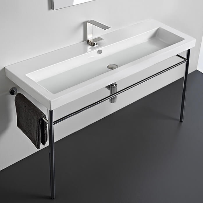 Large Rectangular Ceramic Console Sink and Polished Chrome Stand, 48"