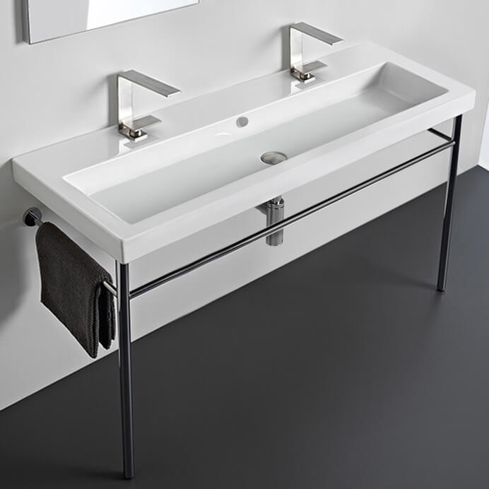 Large Double Ceramic Console Sink and Polished Chrome Stand, 48"