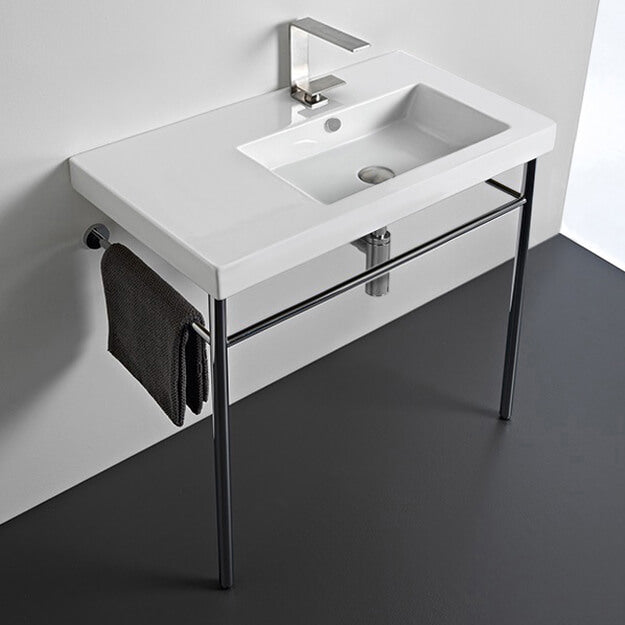 Rectangular Ceramic Console Sink and Polished Chrome Stand, 32"