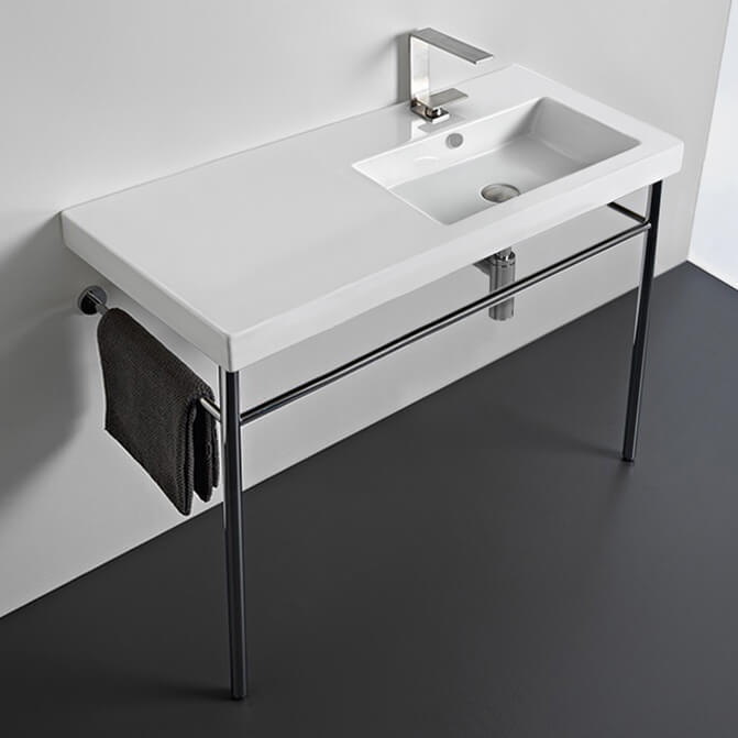 Rectangular Ceramic Console Sink and Polished Chrome Stand, 40"