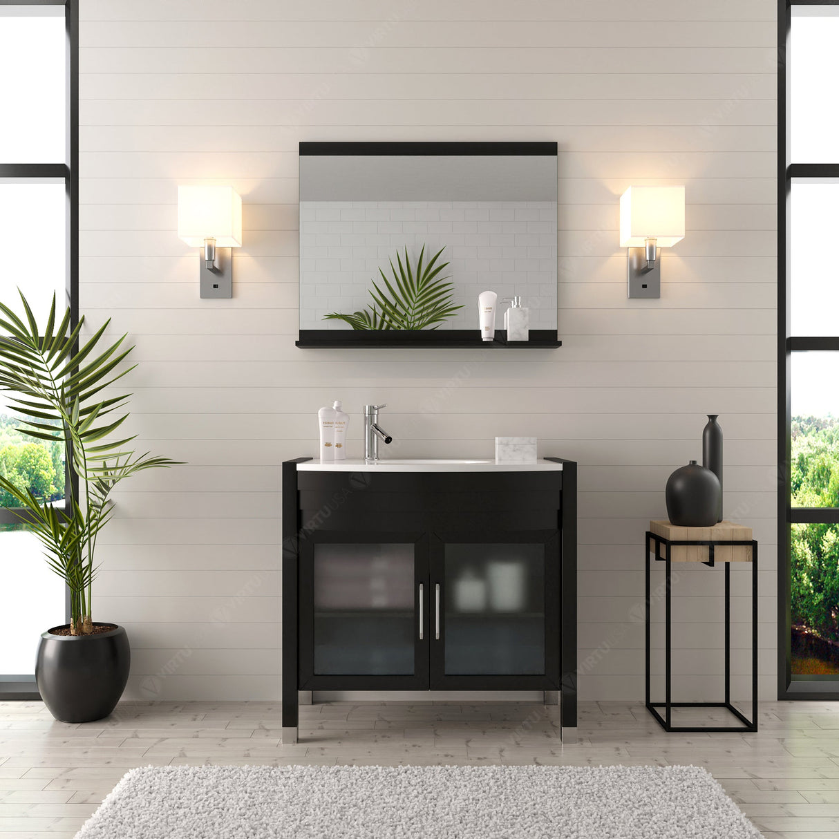 Virtu USA Ava 36" Single Bath Vanity with White Engineered Stone Top and Round Sink with Matching Mirror