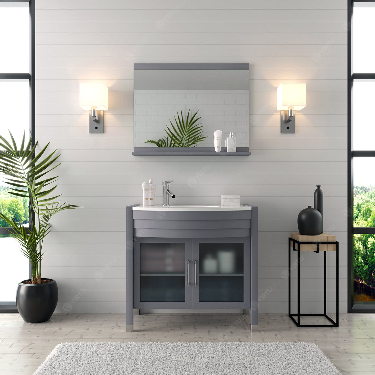 Virtu USA Ava 36" Single Bath Vanity with White Engineered Stone Top and Round Sink with Matching Mirror