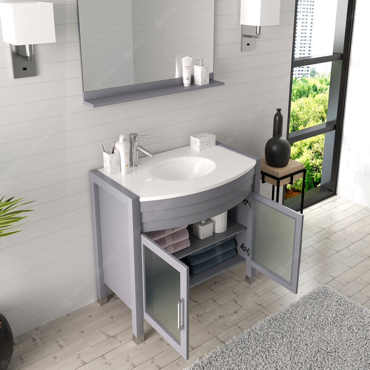 Virtu USA Ava 36" Single Bath Vanity with White Engineered Stone Top and Round Sink with Matching Mirror