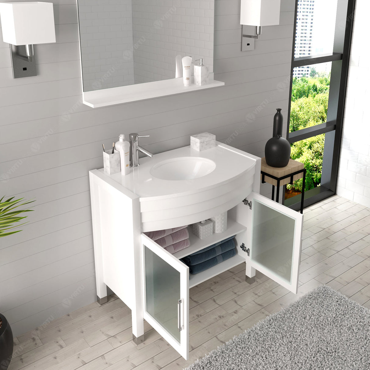 Virtu USA Ava 36" Single Bath Vanity with White Engineered Stone Top and Round Sink with Matching Mirror