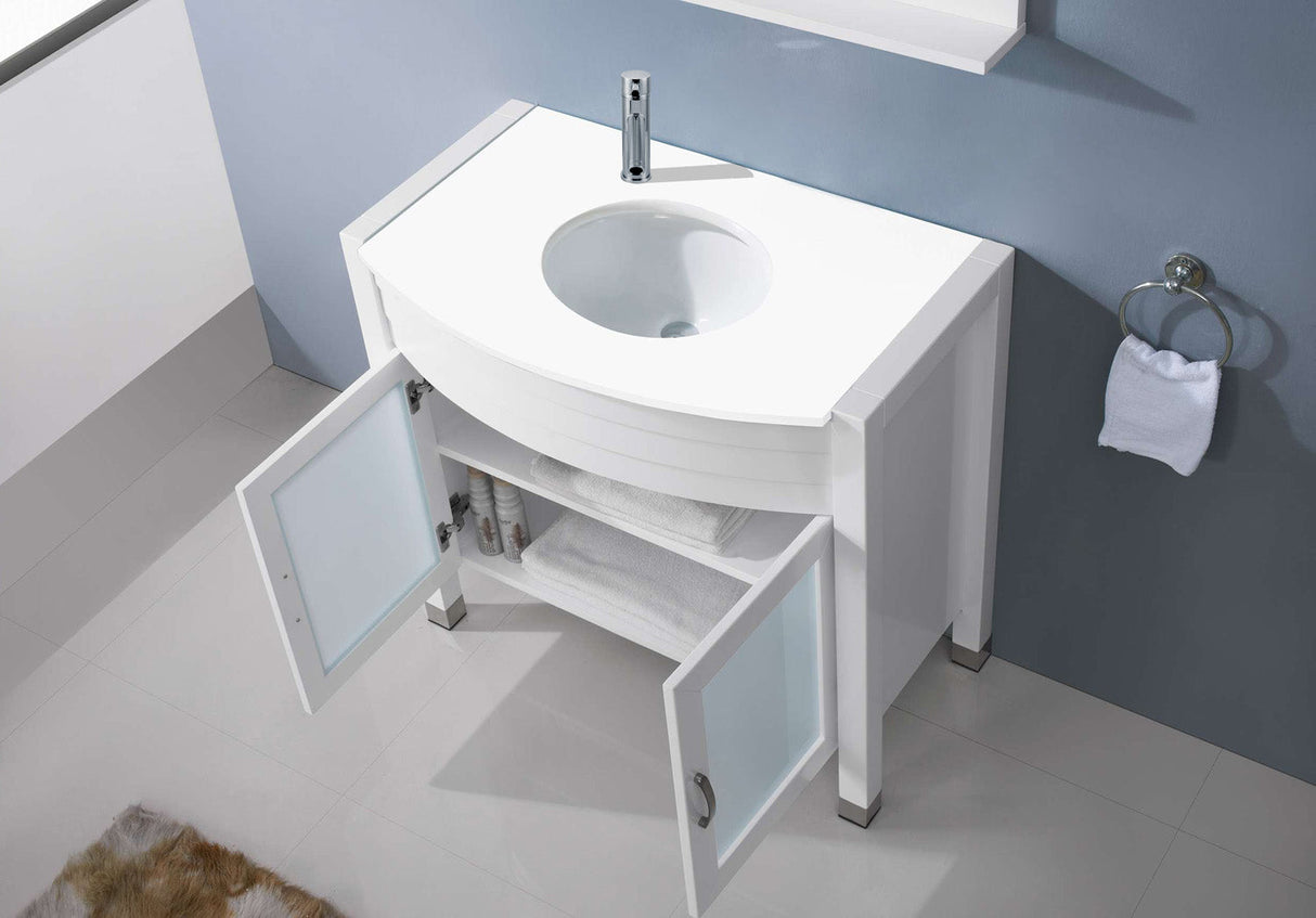 Virtu USA Ava 36" Single Bath Vanity with White Engineered Stone Top and Round Sink with Matching Mirror