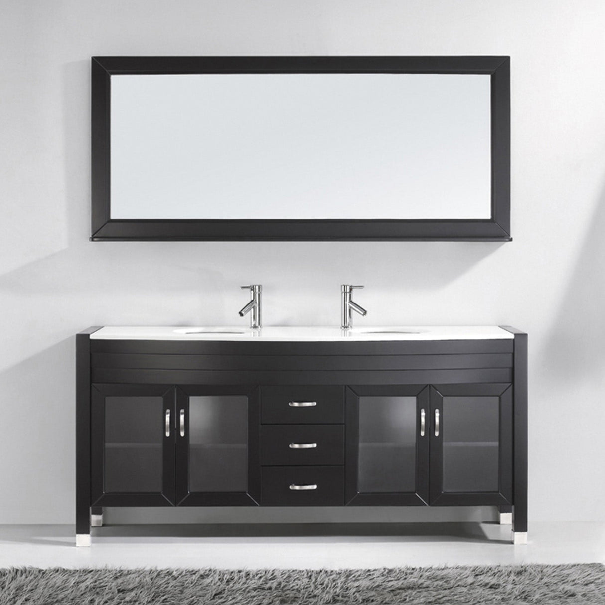 Virtu USA Ava 71" Double Bath Vanity with White Engineered Stone Top and Round Sinks with Brushed Nickel Faucets with Matching Mirror