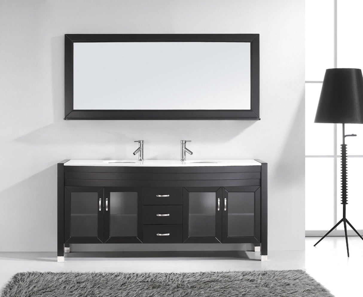 Virtu USA Ava 71" Double Bath Vanity with White Engineered Stone Top and Round Sinks with Brushed Nickel Faucets with Matching Mirror