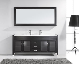 Virtu USA Ava 71" Double Bath Vanity with White Engineered Stone Top and Round Sinks with Brushed Nickel Faucets with Matching Mirror