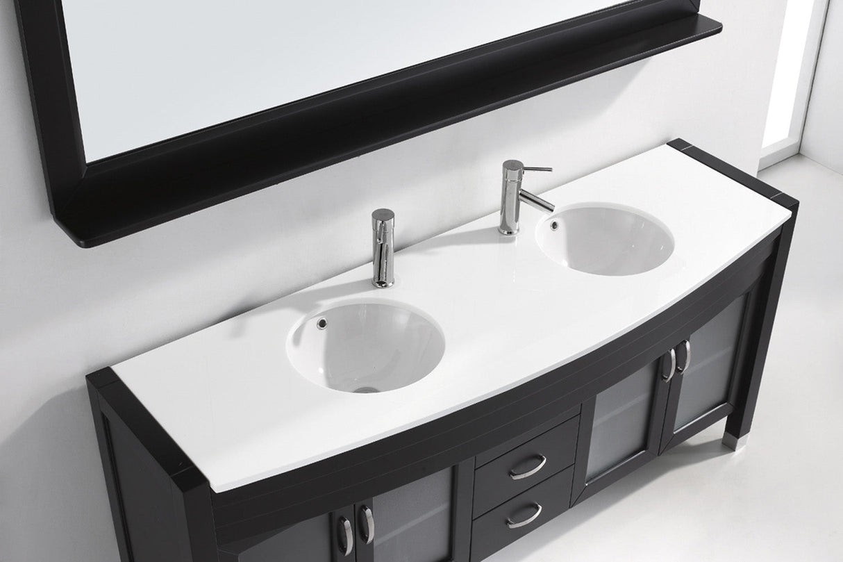 Virtu USA Ava 71" Double Bath Vanity with White Engineered Stone Top and Round Sinks with Brushed Nickel Faucets with Matching Mirror