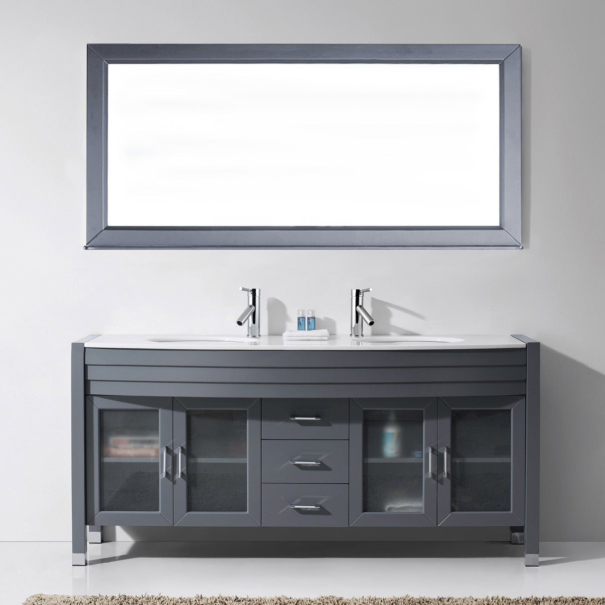 Virtu USA Ava 71" Double Bath Vanity with White Engineered Stone Top and Round Sinks with Brushed Nickel Faucets with Matching Mirror