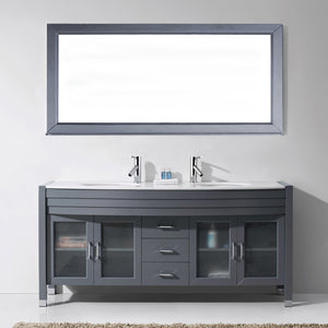 Virtu USA Ava 71" Double Bath Vanity with White Engineered Stone Top and Round Sinks with Brushed Nickel Faucets with Matching Mirror