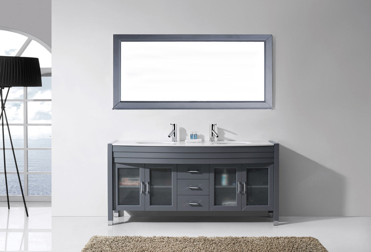 Virtu USA Ava 71" Double Bath Vanity with White Engineered Stone Top and Round Sinks with Brushed Nickel Faucets with Matching Mirror