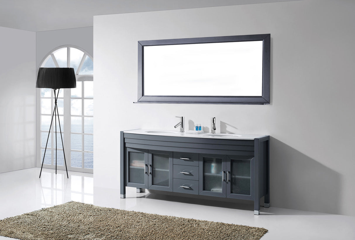 Virtu USA Ava 71" Double Bath Vanity with White Engineered Stone Top and Round Sinks with Brushed Nickel Faucets with Matching Mirror