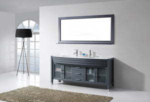 Virtu USA Ava 71" Double Bath Vanity with White Engineered Stone Top and Round Sinks with Brushed Nickel Faucets with Matching Mirror