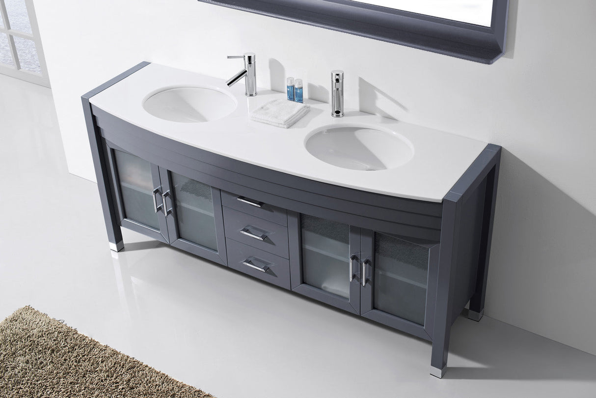Virtu USA Ava 71" Double Bath Vanity with White Engineered Stone Top and Round Sinks with Brushed Nickel Faucets with Matching Mirror