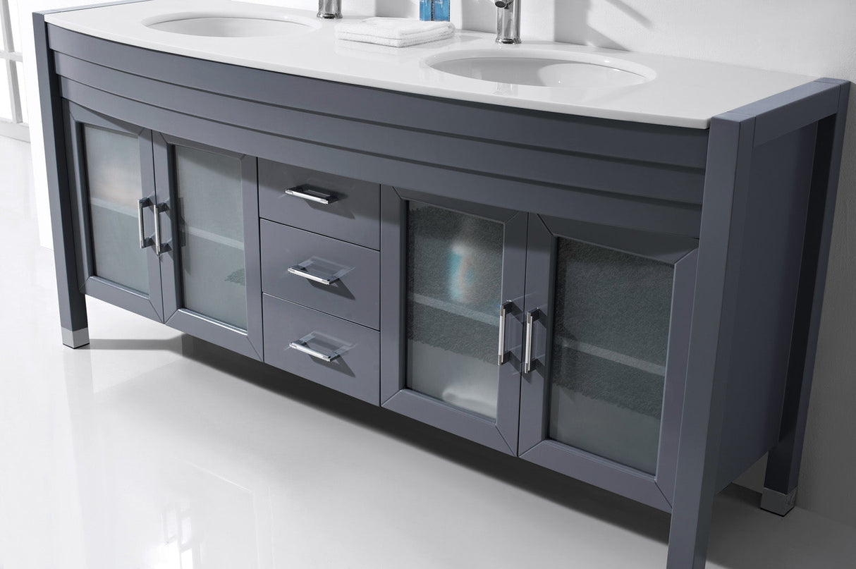 Virtu USA Ava 71" Double Bath Vanity with White Engineered Stone Top and Round Sinks with Brushed Nickel Faucets with Matching Mirror