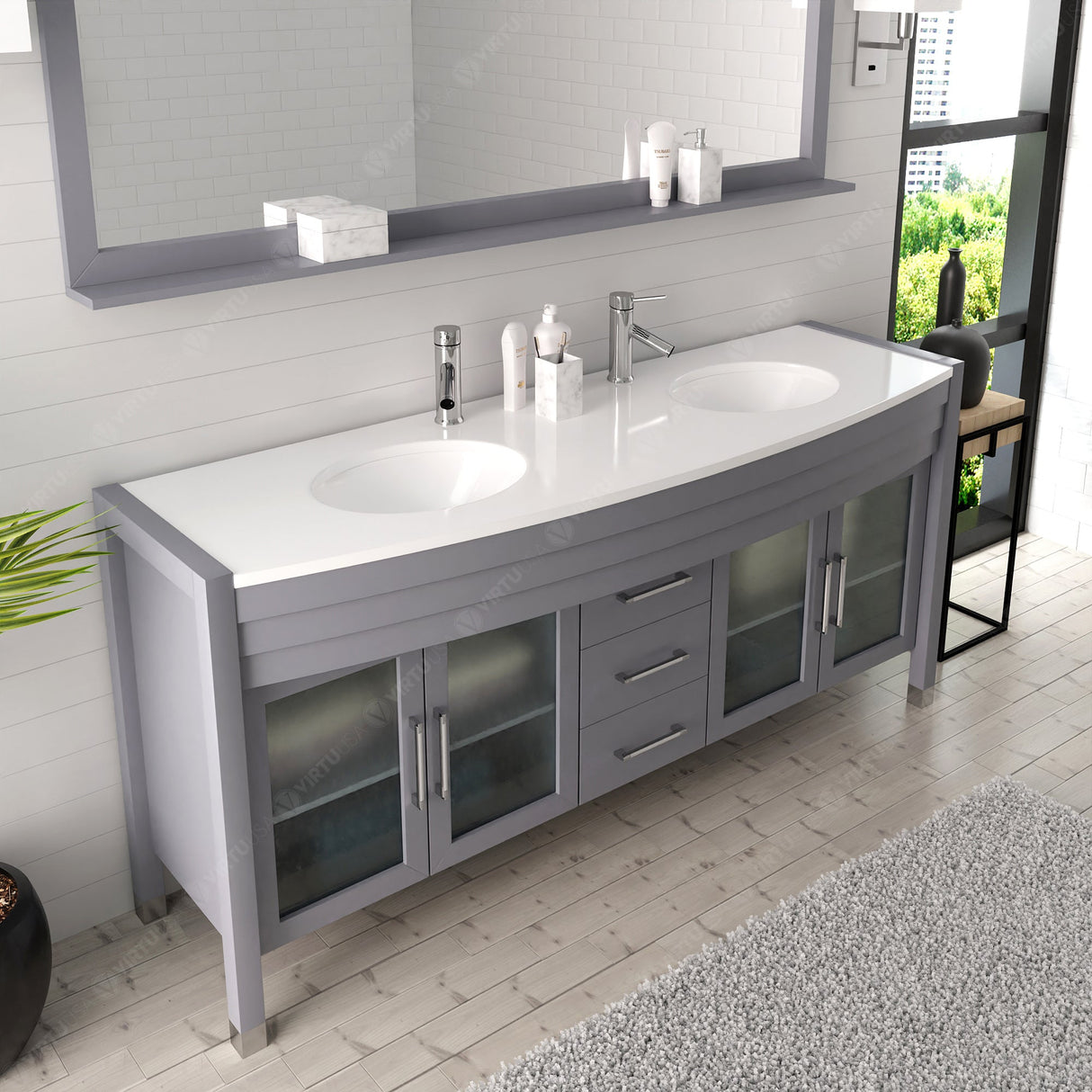 Virtu USA Ava 71" Double Bath Vanity with White Engineered Stone Top and Round Sinks with Matching Mirror