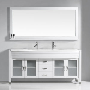 Virtu USA Ava 71" Double Bath Vanity with White Engineered Stone Top and Round Sinks with Brushed Nickel Faucets with Matching Mirror