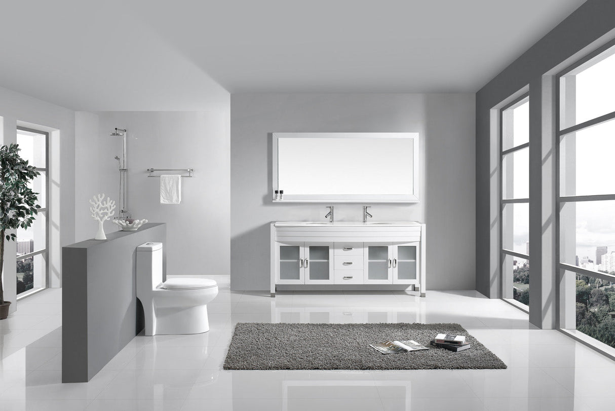 Virtu USA Ava 71" Double Bath Vanity with White Engineered Stone Top and Round Sinks with Brushed Nickel Faucets with Matching Mirror
