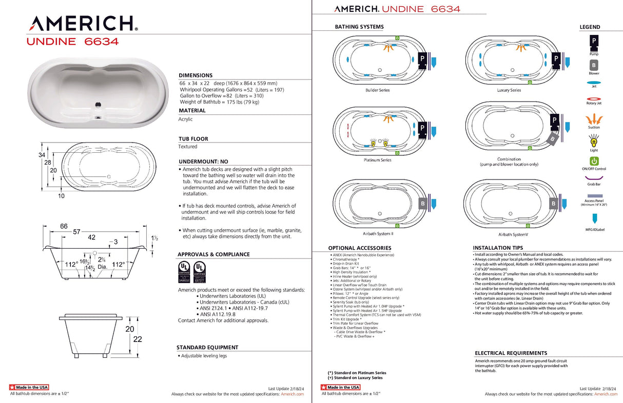 Americh UD6634TA5-BI Undine 6634 - Tub Only / Airbath 5 - Biscuit
