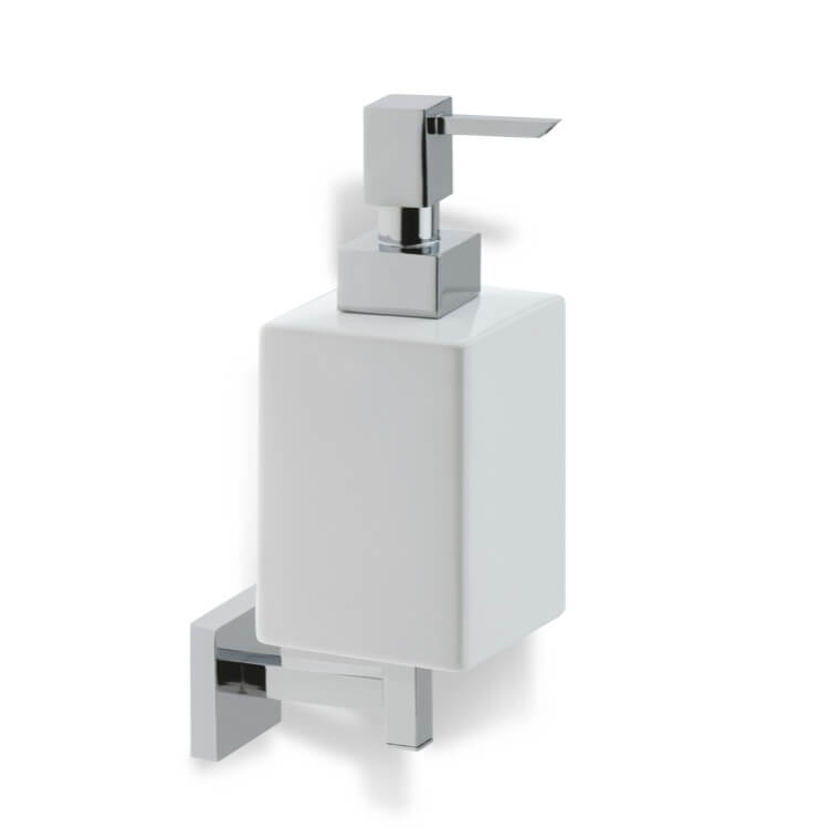 Soap Dispenser, Chrome, Wall Mounted, Square, White Ceramic